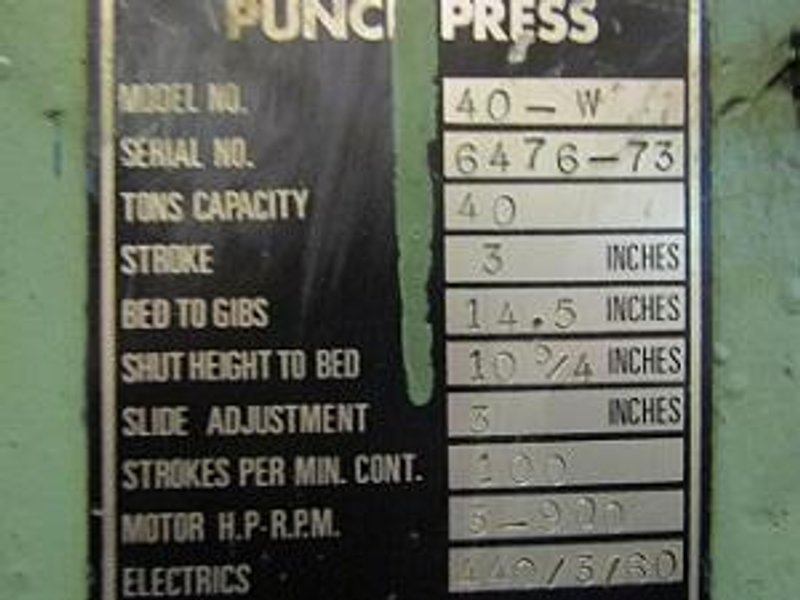 40 TON ROCKFORD MODEL #40-W OPEN BACK INCLINABLE SINGLE CRANK PRESS