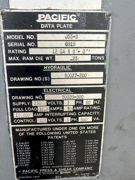 55 TON X 8' PACIFIC J55-8 HYDRAULIC PRESS BRAKE. STOCK # 0305620
