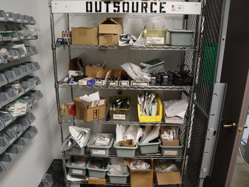 Rolling Adjustable Shelf Wire Racking with 6 Shelves and Contents Hardware, Clamps and Assorted Tools- Auction Item