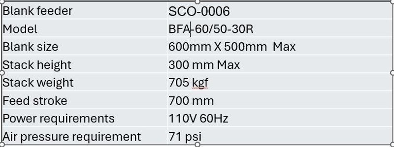 23.6" X 19.6" AIDA MODEL #BFA-60/50-30R AUTOMATIC BLANK FEEDER FOR PRESS LINE: STOCK #22204