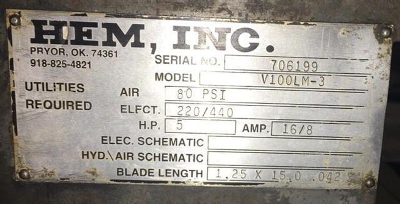 18″ X 22″ HEM MODEL V100LM3, TILT FRAME VERTICAL BAND SAW STOCK #3181