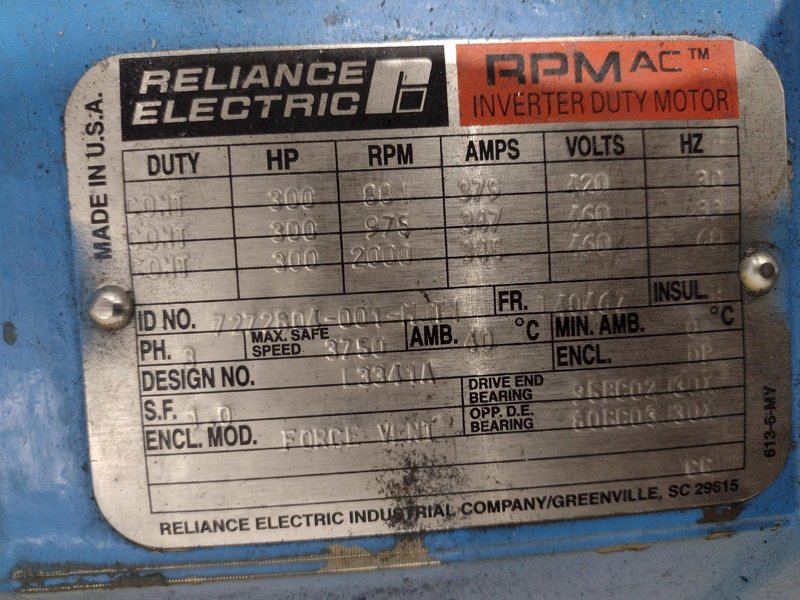 300 HP RELIANCE ELECTRIC AC MOTOR: STOCK #20978