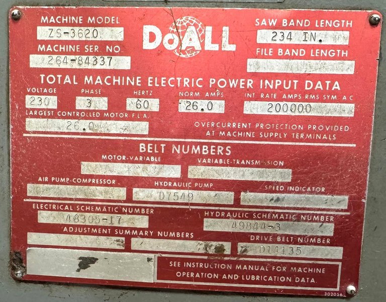 36" Doall Vertical Bandsaw ZS-3620, 8000 FPM, 20" Under Guide, 15 HP