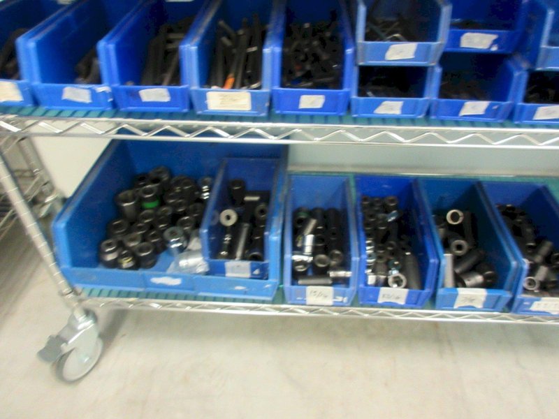 Hand Tools, Large Assortment including Sockets, Driver Head, T-Handle Allen Wrenches and MORE on Uline 6-Shelf 72" x 18" x 78" Metal Wire Rolling Cart- Auction Item