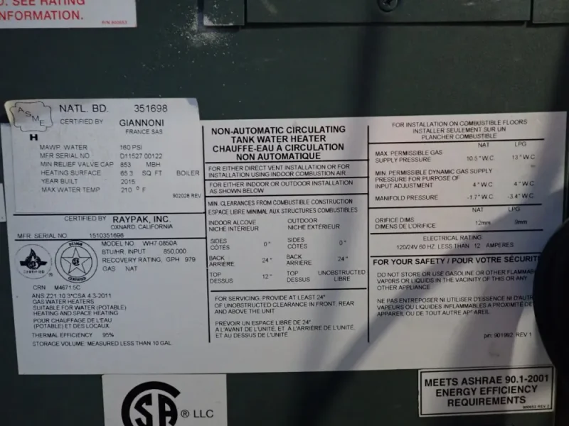 RAYPAK 210° F HOT WATER BOILER  -  WH7-0850A