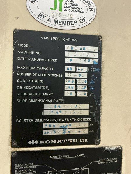 66 TON KOMATSU MODEL #OBS60-3 GAP FRAME PRESS 6.3" STROKE &amp; 6" SONORUKA COIL FEED LINE: YOBRO #25937
