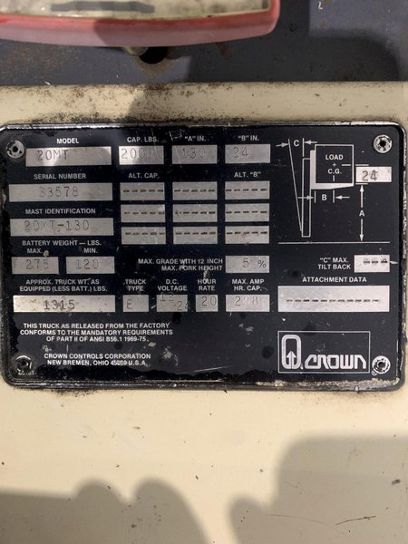 CROWN 20MT ELECTRIC LIFT. STOCK # 1164623.