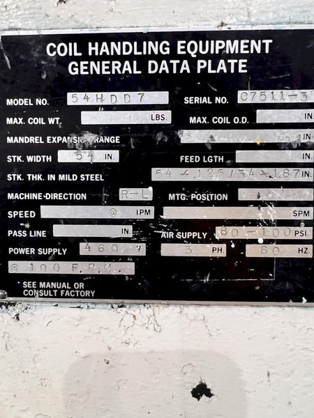 20,000 LBS X 54&quot; X .125&quot; CWP COIL SERVO FEED LINE, REEL, STRAIGHTENER, FEEDER, THREADING TABLE: STOCK #21083