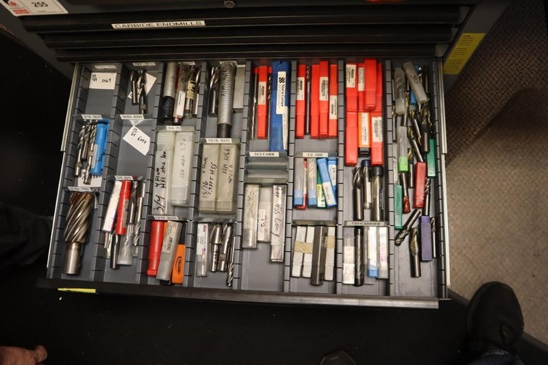 Huot 8 Drawer Tool Cabinet with Contents: Carbide End Mills, HSS End Mills, Lathe Turning Tools and More- Auction Item