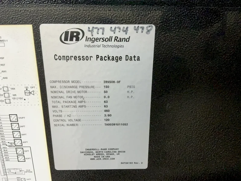 INGERSOLL RAND 150 PSIG AIR COMPRESSOR  -  IRN50H-0F