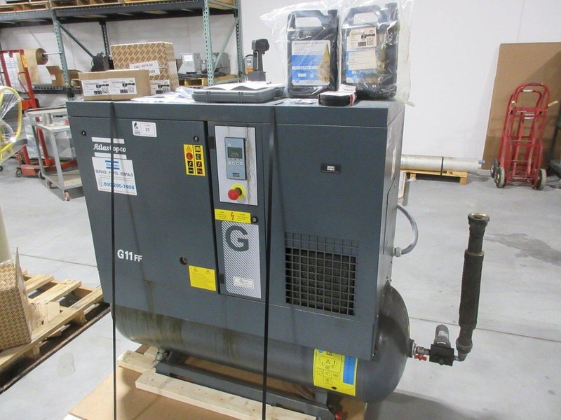 Atlas Copco G11FF 15Hp Rotary Screw Air Compressor W/ Dryer, 120 Gal Air Tank 125 PSI &amp; Spare Parts- Auction Item