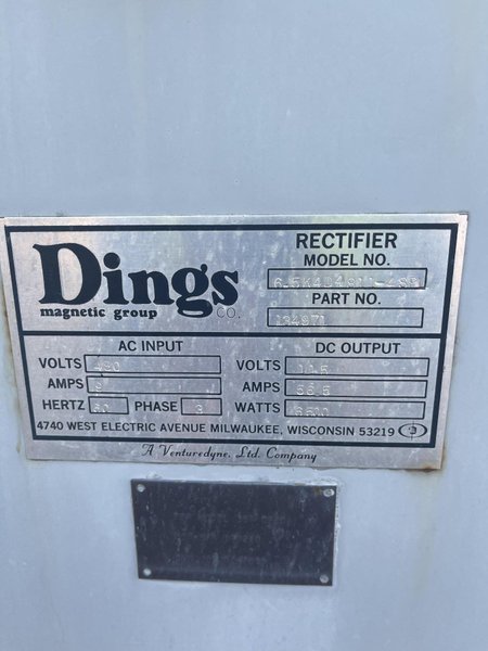 DIngs model 134849 36" x 72" centers cross belt electric magnetic belt conveyor with drive and controls s/n 170210 product 33a spl cbsc, 175 volt dc, 6483 watts with DIngs model 6.5k4d4811-4sp rectifier 480 volt, 9 amp, 6500 watts, s/n 134971