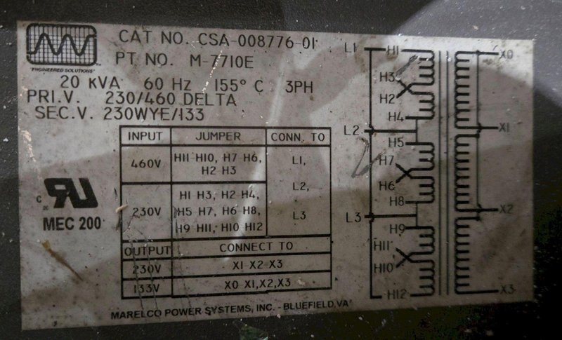 MARELCO POWER SYSTEMS M-7710E 20KVA 230V TRANSFORMER USED  W/ CONNECTORS