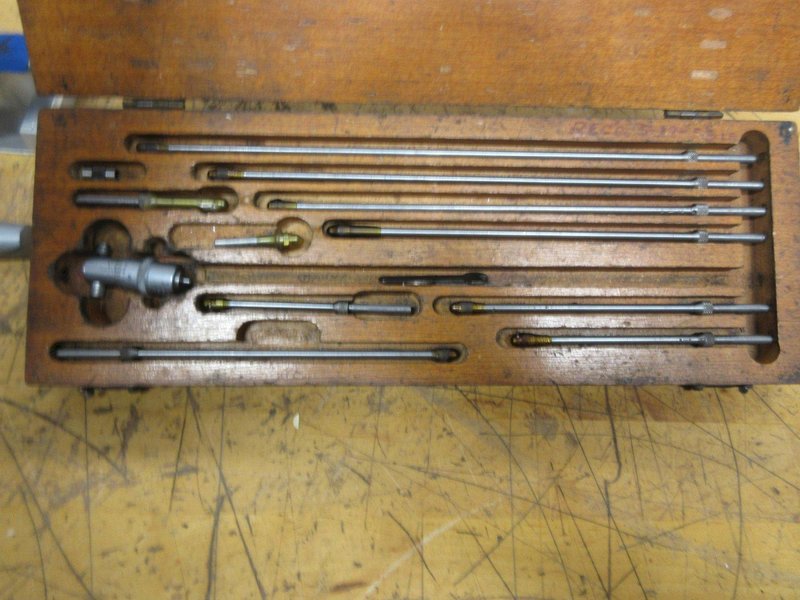 Starrett #124 Mechanical Inside Micrometer Set: 2 to 12" Range, 10 Extension Rods, Starrett 0-1" Travel Incdicator and 0-1" Pressure Micrometer **Unknown Brand**- Auction Item