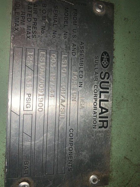 Sullair Used LS-10A-40H/A/SUL Rotary Screw Air Compressor, Air Cooled, 40hp, 125 psi, 460V
