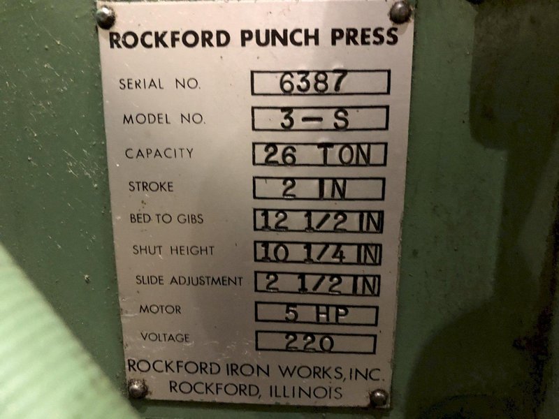 26 TON ROCKFORD MODEL #3-S VARIABLE SPEED OBI FLYWHEEL PRESS, 2" STROKE: STOCK #13778