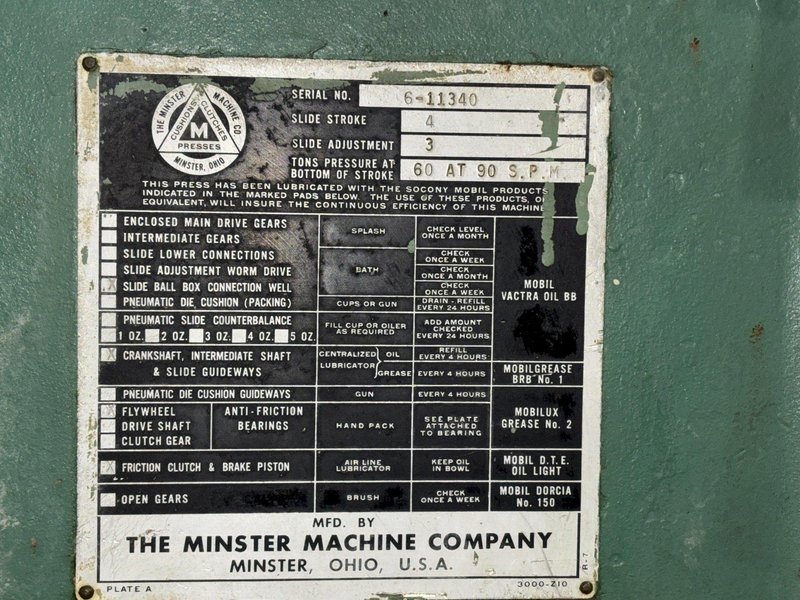 60 TON MINSTER MODEL #6 OBI STAMPING PRESS, 4" STROKE: STOCK #22137