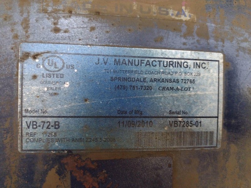 72" X 30" JV MFG CRAM A LOT MODEL #VB-72-B VERTICAL HYDRAULIC CARDBOARD BALER: STOCK #18050