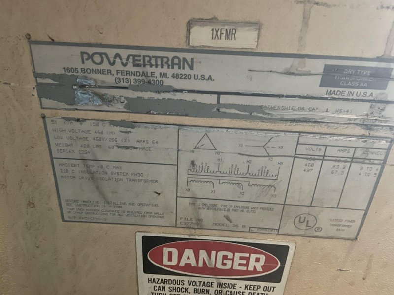 51 KVA POWERTRAN 460 TO 460Y/266 VOLT ELECTRIC TRANSFORMER: STOCK #10822