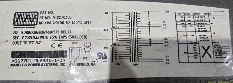 MARELCO POWER SYSTEMS M-22703SE 110KVA 230V TRANSFORMER USED