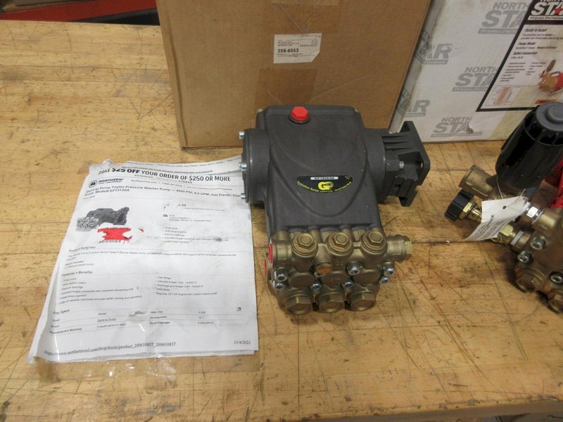 Pressure Washer Pumps (2 Units), (1) General Pump Triplex 4000 PSI, 4 GPM, (1) North Star Model NSSHFB50, 3000 PSI, 5 GPM, for Gas or Electric  ***Both New Unused***- Auction Item