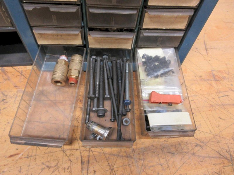 Multibin Organizers with Contents of Brass Fittings, and SAE Nuts- Auction Item