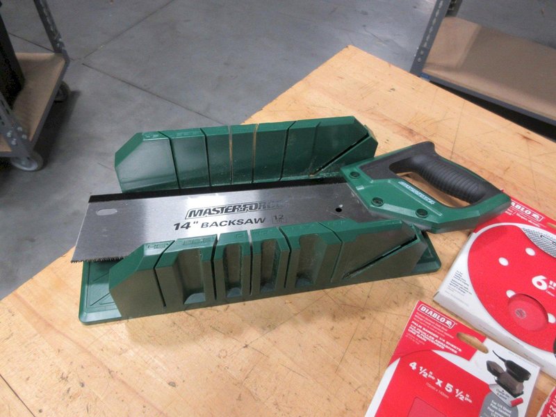 Sanding Pads and Paper Assorted Types, Steel Wool, 14" Masterforce Backsaw with Miter Box- Auction Item
