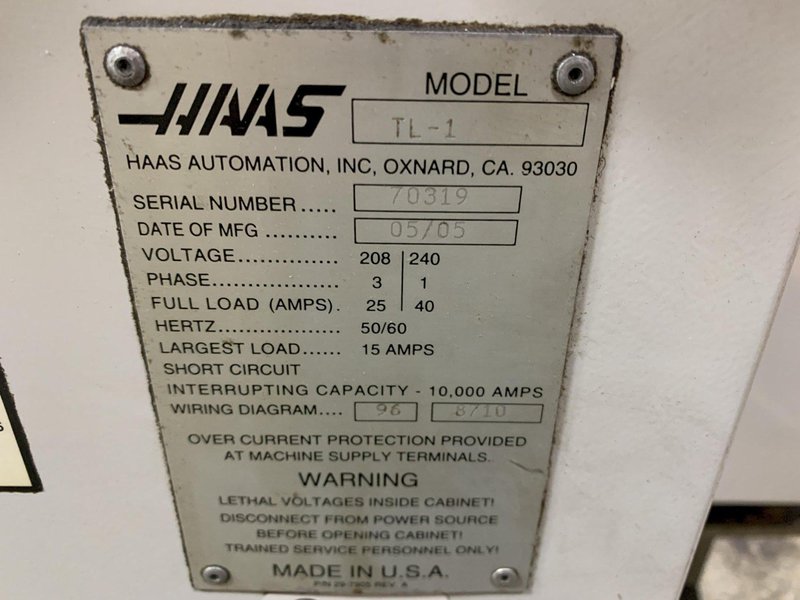 HAAS Model TL-1 CNC Flat Bed Lathe, S/N 70319, New 2005.