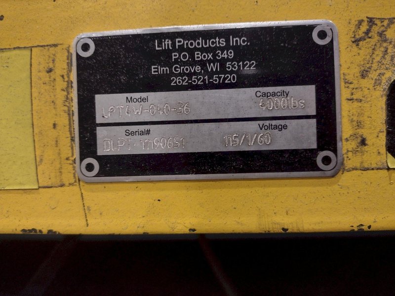 4,000 LBS X 72" X 72" LIFT PRODUCTS MODEL #LPT4W-040-36 SCISSOR LIFT TABLE: YOBRO #24989