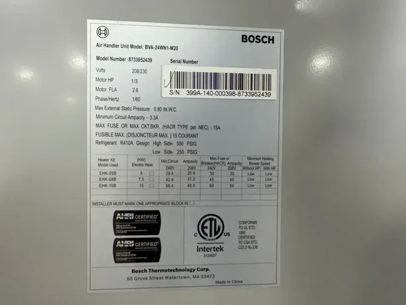 BOSCH AIR HANDLER UNIT  -  BVA-24-WN1-M20