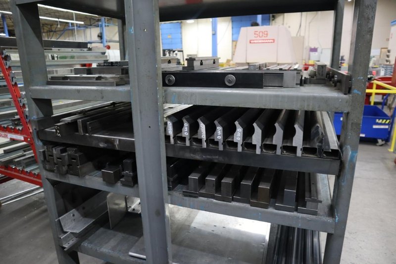 Press Brake Dies and Lower Die Holders Tall and Short for Amada Press Brakes on Welded Steel Shelving- Auction Item