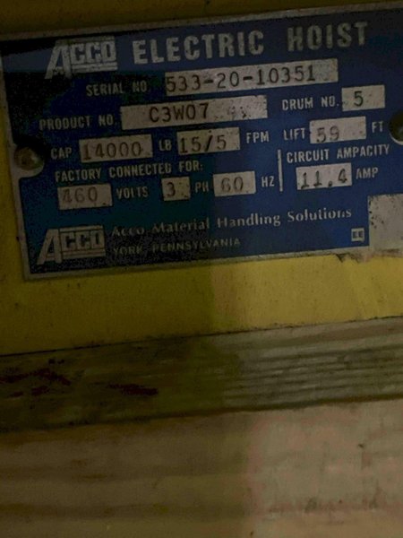 Wright 7 ton electric hoist Model C3W07 s/n 533-20-10351, wth pendent controls, drum # 5, 15/5 fpm, 59' lift, 460 volt