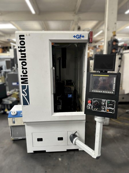 GF Microlution MR4 Precision Micro Lathe 2018 Fanuc Oi-TF Modular Design, Gang-Style Tooling, Multiple Axes of Motion, Valuable Y-axis, Camara System, Capable of Achieving Positional Accuracy of +/- 1 µm, with Spindle Speeds up to 15,000 rpm and Tooling Speeds up to 30,000 rpm