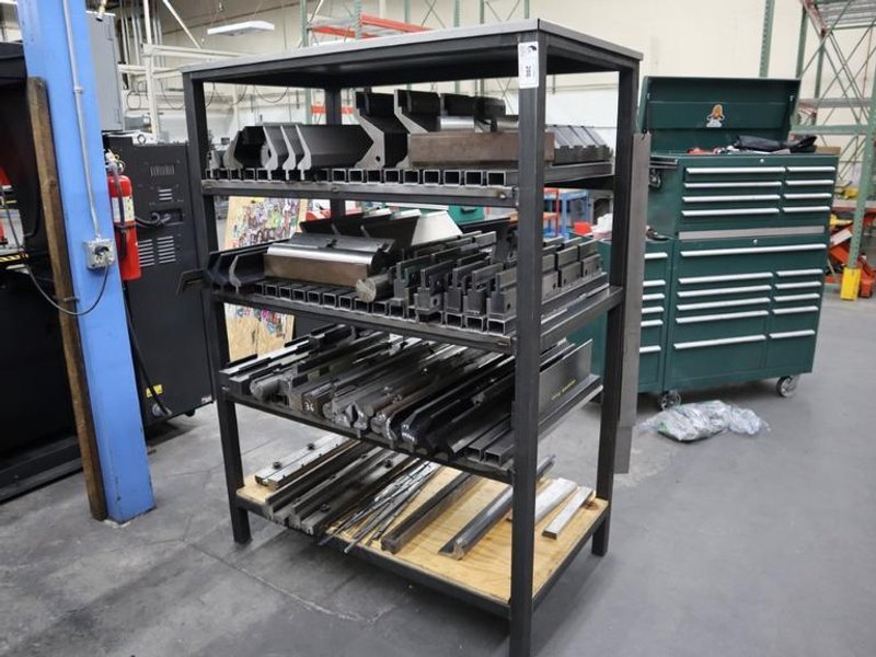 Amada Press Brake Dies, Ram Clamps and Lower Die Holders on Steel Rack- Auction Item