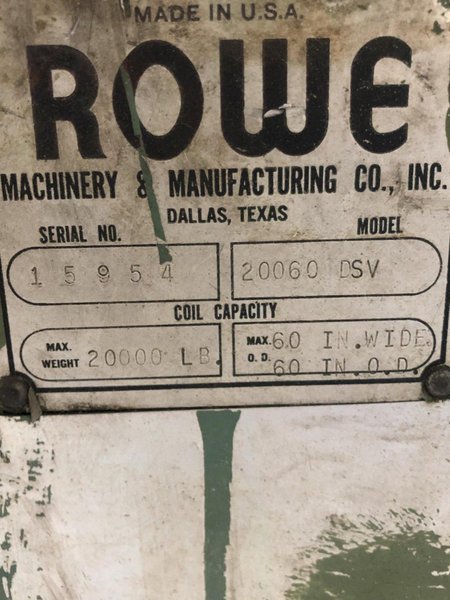 20,000 lbs. Rowe Motorized Coil Reel For Sale Model# 20060DSV Coil Un-coiler