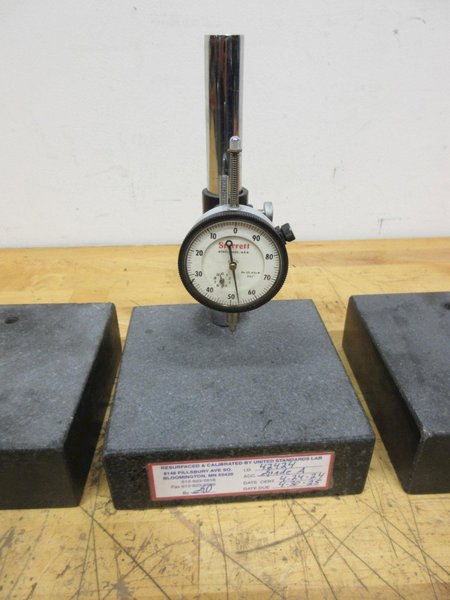 Black Granite Surface Plate 6" x 6" with Post and Starrett .001" x 1" Travel Indicator and (2) Spare Granites 6" x 6" x 2"- Auction Item