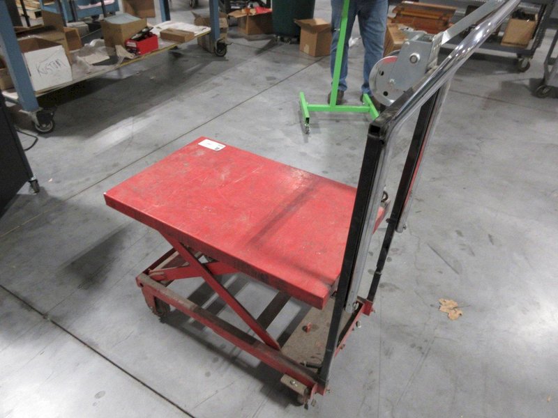 Scissor Lift Rolling Die Cart 38" x 20" Platform, Repaired Handle and Boat Winch Lift System- Auction Item
