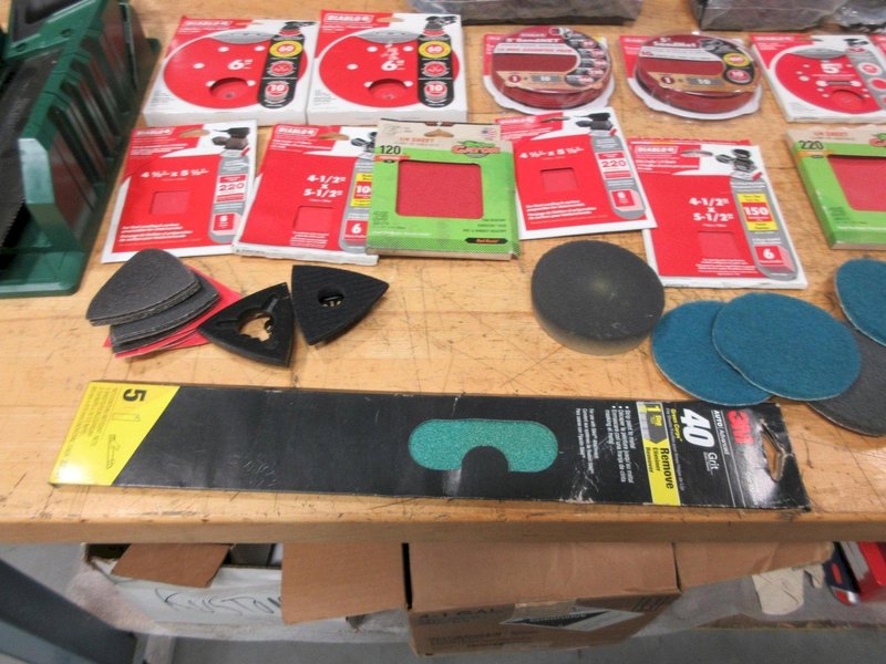 Sanding Pads and Paper Assorted Types, Steel Wool, 14" Masterforce Backsaw with Miter Box- Auction Item