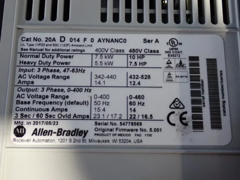ALLEN BRADLEY 10 HP SERIES A POWERFLEX70  -  20AD014FA0YNANC0