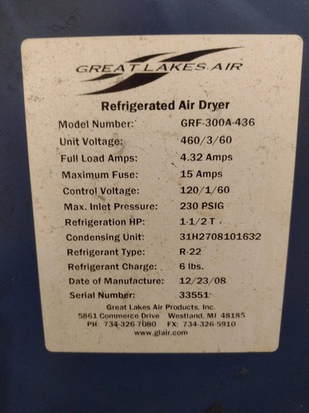 300 CFM GREAT LAKES MODEL #GRF-300A-436 REFRIGERATED AIR DRYER: STOCK #21830