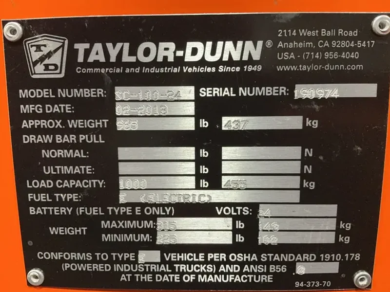 TAYLOR-DUNN 1000 lbs ELECTRIC STOCK CHASER CART  -  SC-100-24