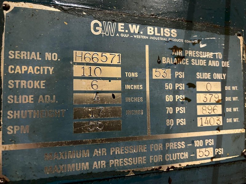 110 TON BLISS MODEL #C-110 OBI PRESS, 6&quot; STROKE: STOCK #13582