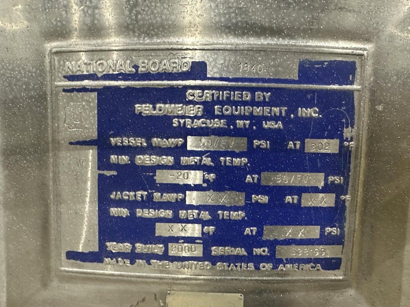 50 GALLON X 2 HP FELDMEIER STAINLESS STEEL HEATED TANK WITH AGITATION: STOCK #22121