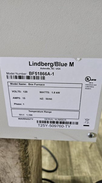 THERMO SCIENTIFIC LINDBERG BLUE M MDL. BF51866A-1 ELECTRIC FURNACE: STOCK #80266