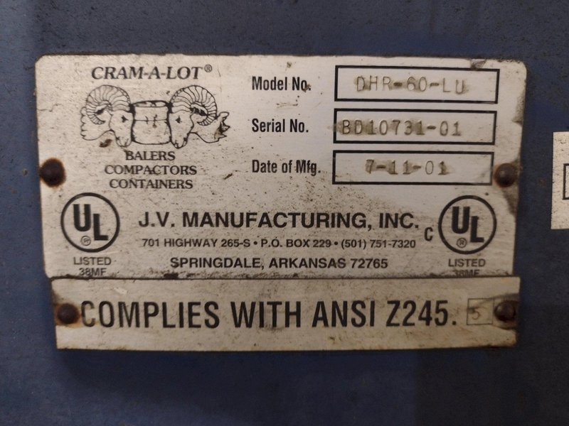 2001 J.V. MFG INC CRAM-A-LOT MODEL #DHR-60-LU VERTICAL CARDBOARD BALER: YOBRO #25051