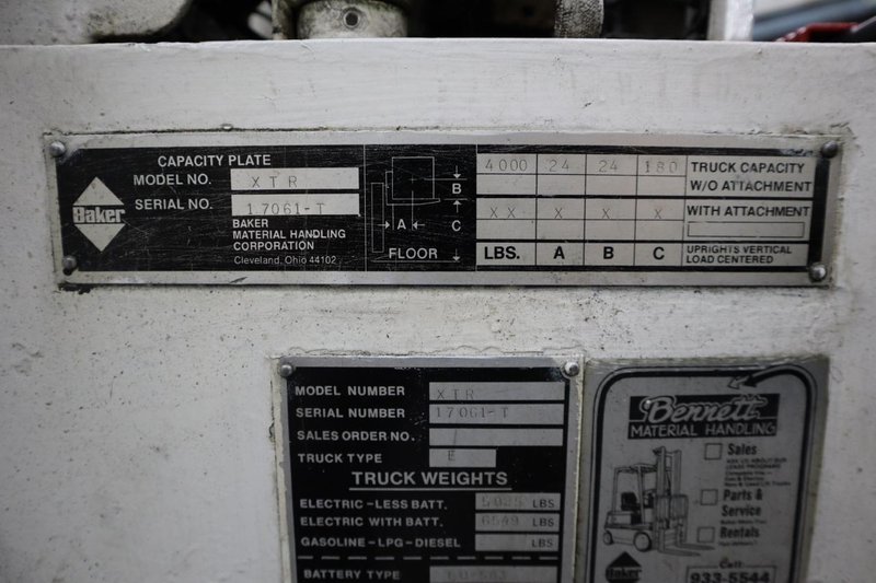 Baker XTR Stand-Up Electric Forklift, 4,000 Lb Cap, 21&quot; Reach, 180&quot; Max Lift Height, - Auction Item