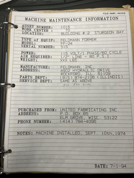 24" X 36" FELDMAN MODEL FF-24 DOUBLE WING TANGENT BENDER / BRAKE: STOCK #16172