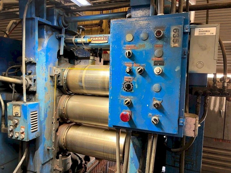 24&quot; X 10&quot; FARREL 4-ROLL &quot;INVERTED L&quot; RUBBER CALENDER ROLLING MILL WITH PAYOFF: STOCK #17226