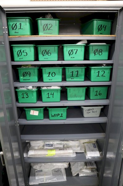 Metal 2 Door Heavy Duty Storage Cabinets (3 Units) with Adjustable Shelves and Contents of Plastic Bins and Parts- Auction Item