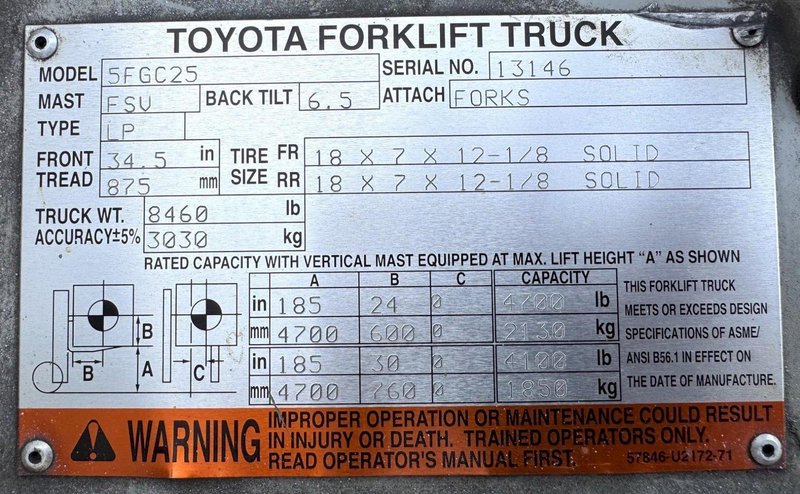 4700 Lb. Toyota Lift Truck, Hard Tire, Triple Stage Mast, LP Gas